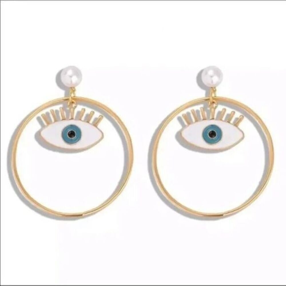 Boutique Gold Evil Eye Hoop Earrings Pearl Enamel Dangle Protection Charm NWT